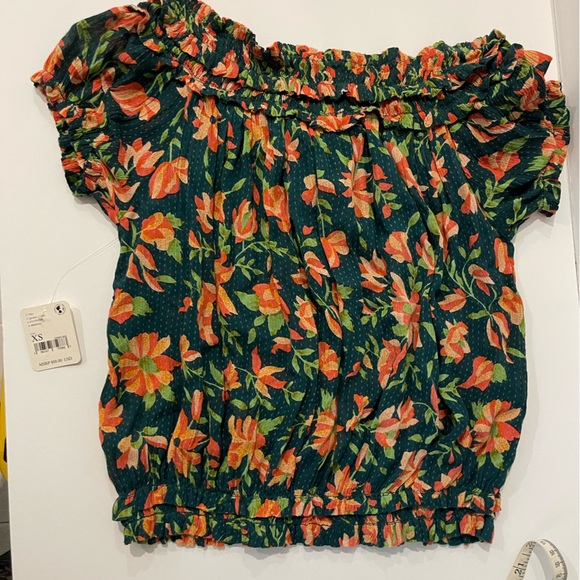 Free People Floral Print Blouse Size XS Green garden floral print off shoulder - Picture 7 of 10